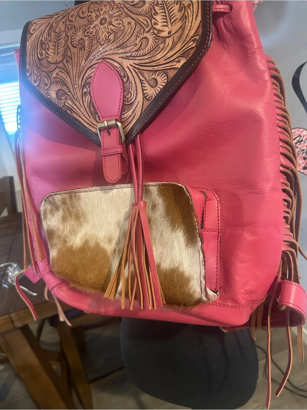 Pink Tooled Leather Flap Backpack with Haircalf Pocket